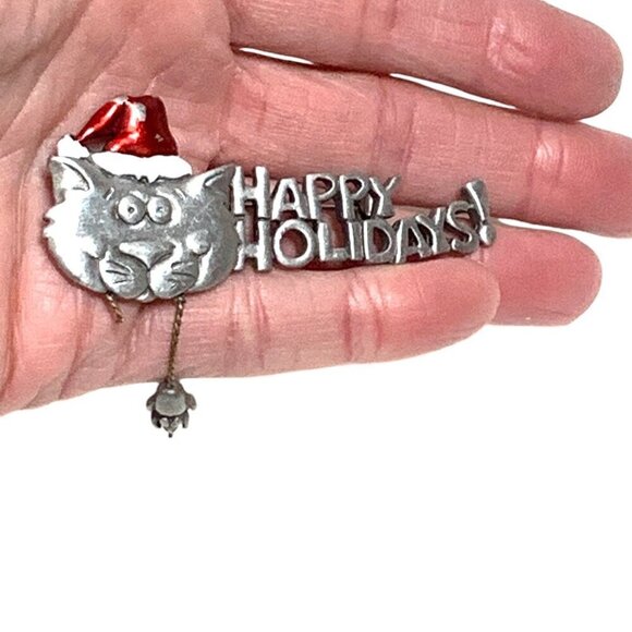 JJ Silver Tone "Happy Holidays" Cat Pin With Santa Hat & Mouse 3" - Picture 4 of 5